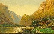 Carl jun. Oesterley Carl Oesterley jr. Romantische Flusslandschaft mit Personenstaffage an einem prachtvollen Sommertag Germany oil painting artist